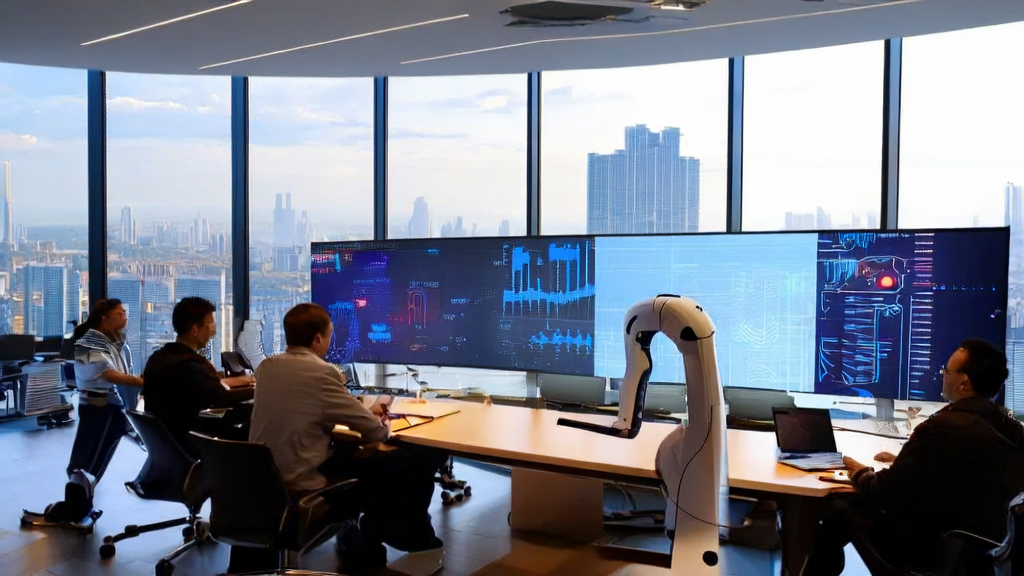 阳光下的现代化办公室，员工使用AI工具Telex进行网站构建和客户获取策略优化