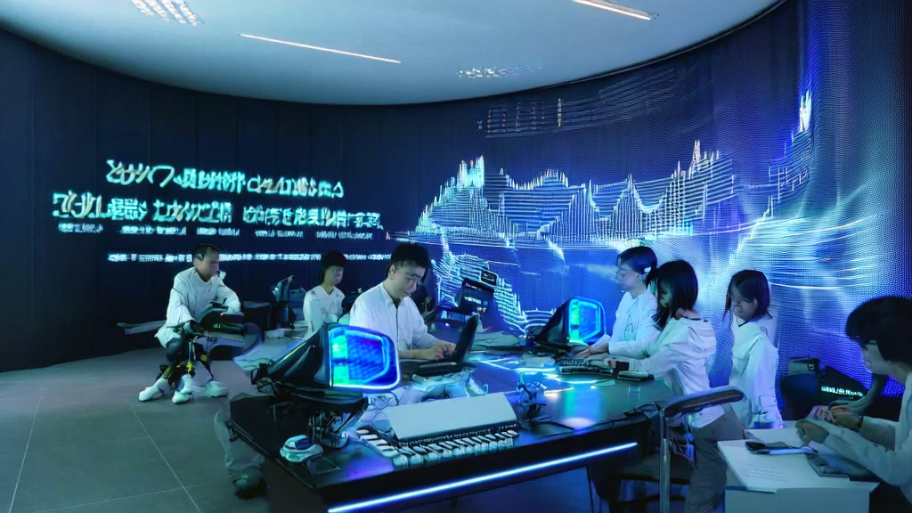 充满科技感的办公室内，工程师们正在专注地进行AI营销工作，墙上标语突出AI营销的重要性。