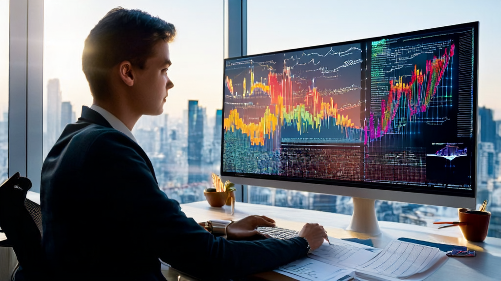 现代化办公室中的营销专家利用AI技术分析数据，背景为城市天际线和Gartner预测海报。