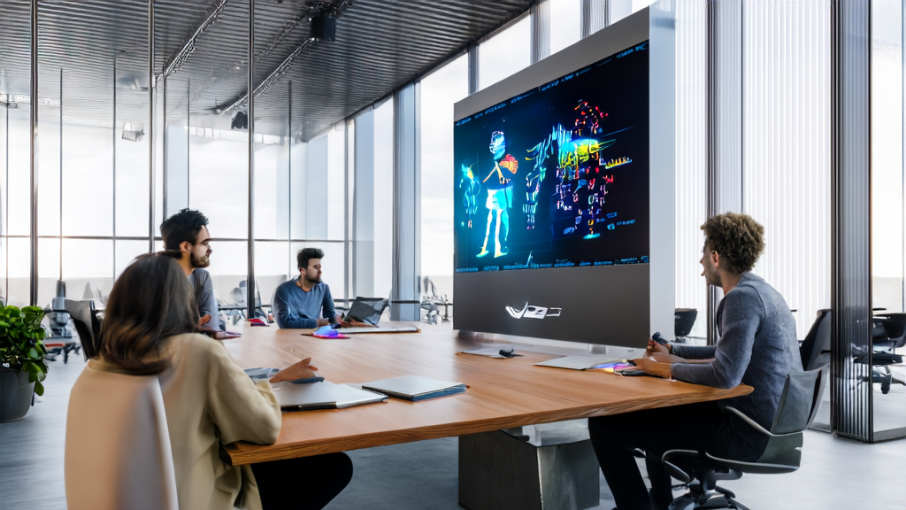 In a modern office, employees are discussing AI marketing strategies with a presentation of the new Fitbit AI Coach on the wall screen.