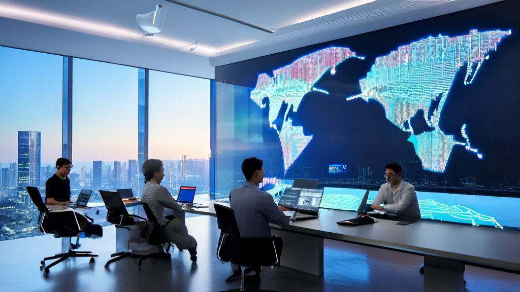 A team in a modern office discussing how to enhance e-commerce sales strategies using AI