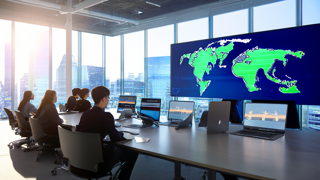 An office of a tech company where employees are conducting global video conferences using AI devices, with ChatGPT's recording mode for real-time transcription and analysis, showcasing the application of AI in digital marketing.