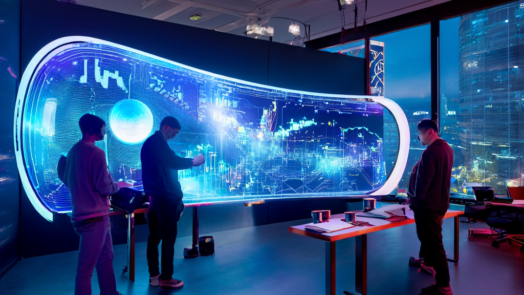 In a futuristic office, engineers are operating high-tech equipment for AI marketing analysis, with a bustling city night view outside the window.