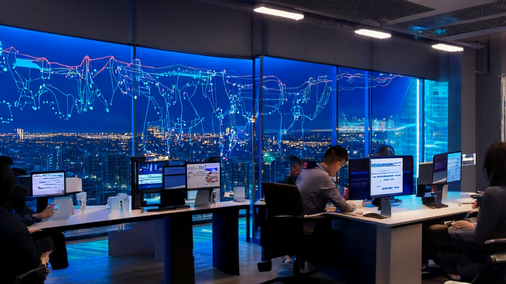 In a modern e-commerce office, employees are optimizing marketing strategies using AI technology. The flowchart on the wall shows the process from data analysis to customer outreach, with the Bilibili's open-source IndexTTS-2.0 model displayed on the desk.
