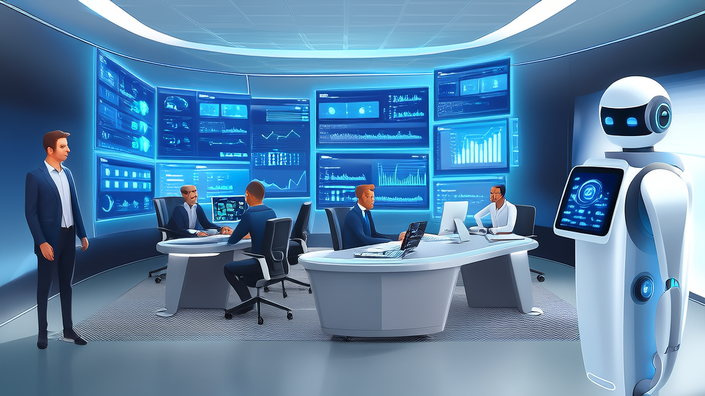 Modern office where employees use AI tools for data analysis and customer service