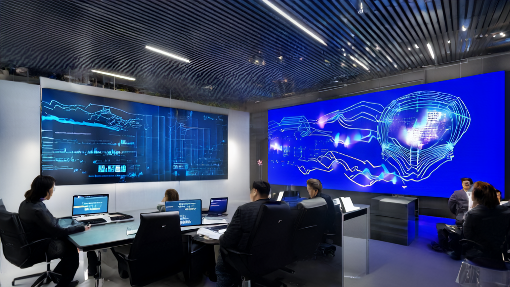 A futuristic modern office where employees use AI technology for data analysis and email marketing strategy optimization