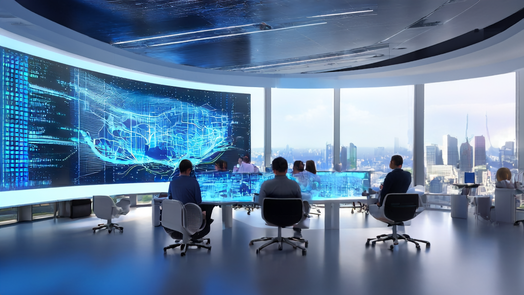 Data scientists in a modern office building in a futuristic city use AI algorithms for customer data cleaning and email marketing optimization.