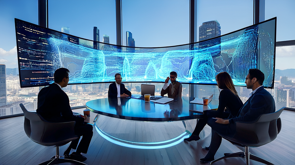 Data analysts in a modern office using AI prediction models to optimize marketing strategies