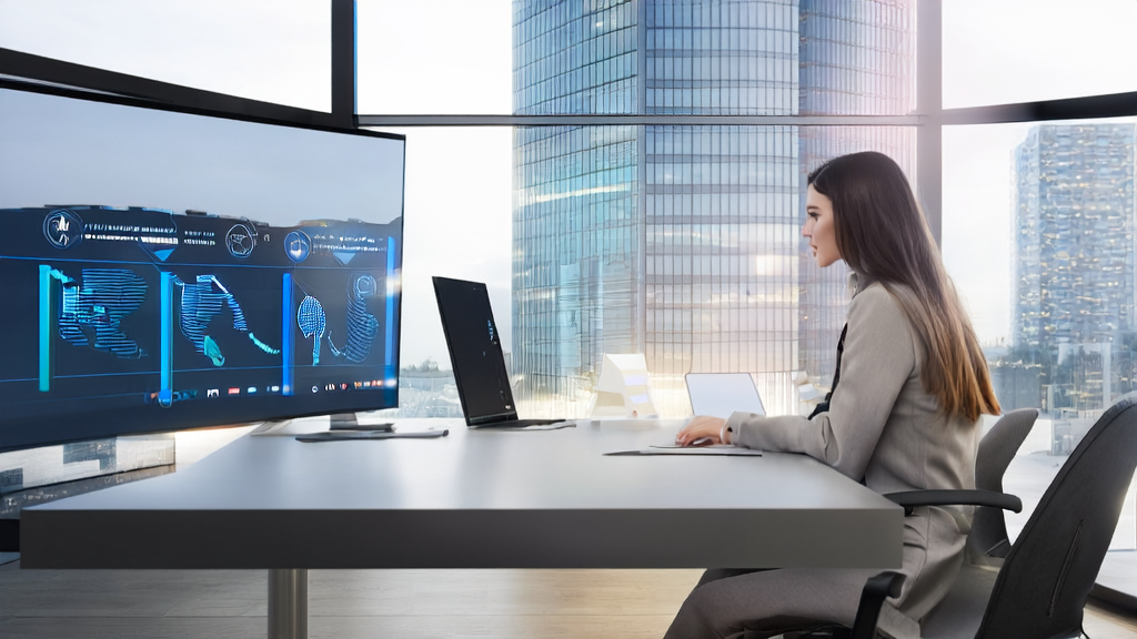 未来城市的现代化办公室中，营销经理使用AI优化邮件营销和Gemini定时任务功能，提升工作效率。