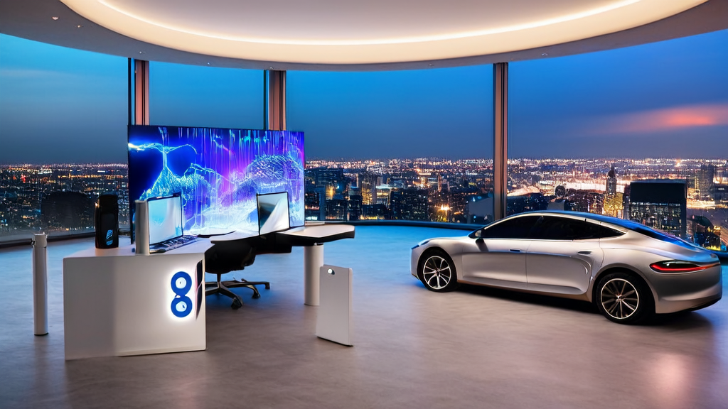 Modern office scene showcasing AI-optimized email marketing and Tesla's DeepSeek voice assistant interaction
