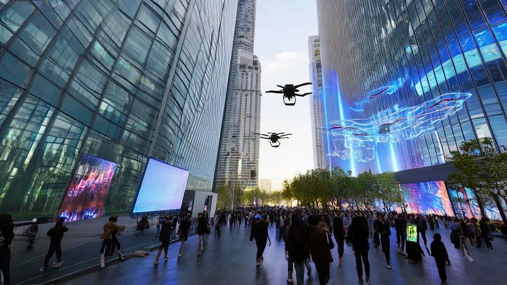 未来城市中的AI营销场景，展示高科技互动和个性化推荐，提升客户转化率