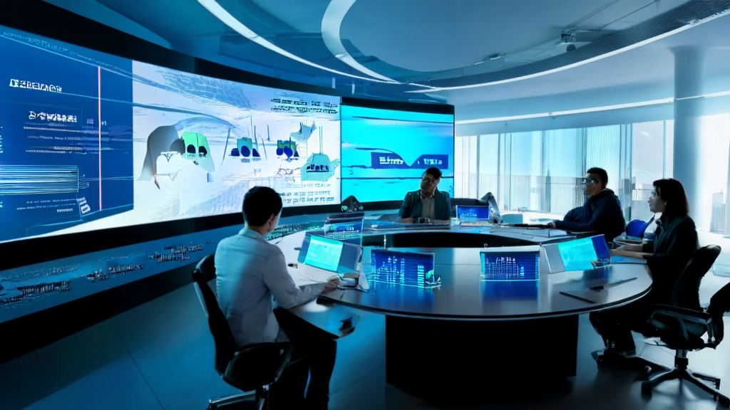 现代化办公室中的团队正在使用AI技术优化邮件营销，墙上挂着阿里通义千问3大模型的海报