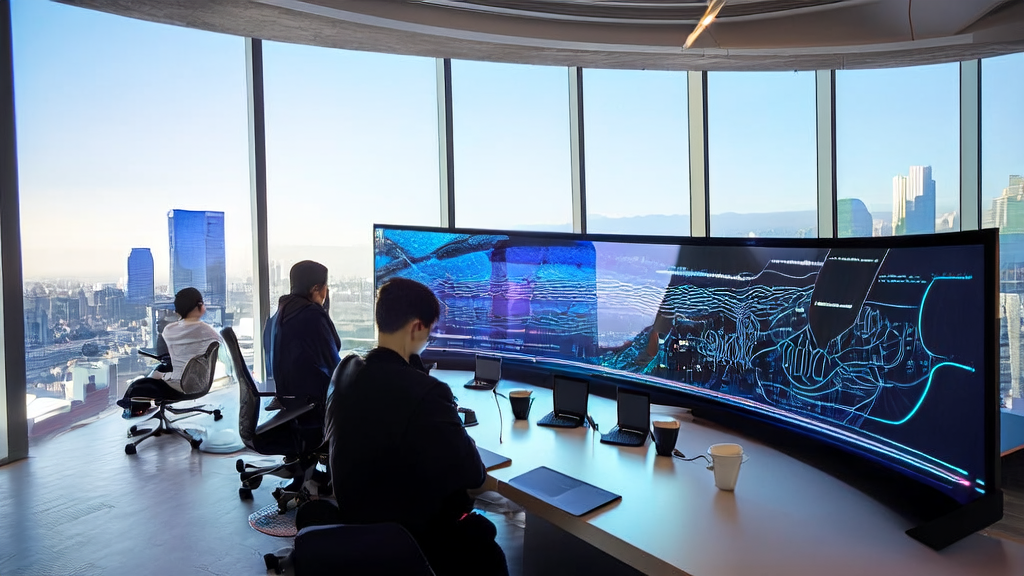 Marketing professionals in a modern office using AI technology to optimize email marketing strategies