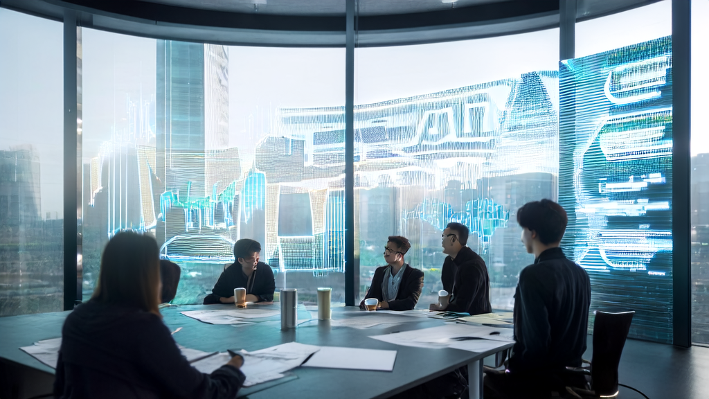 未来办公室中，年轻创业者们正在讨论基于Memories AI的高转化邮件营销策略