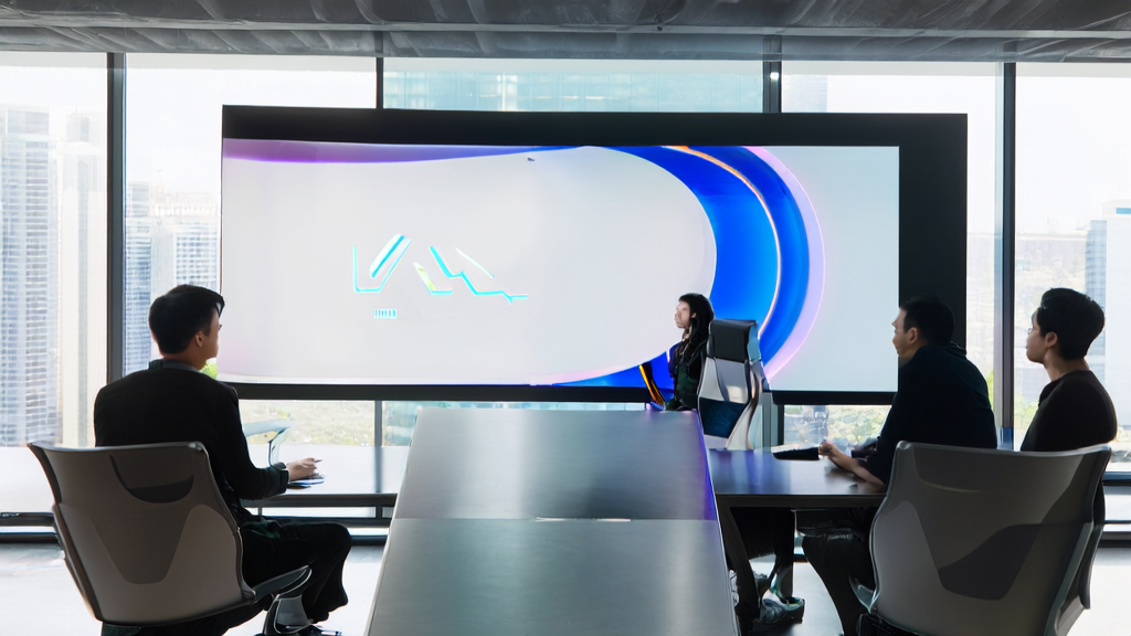 A young startup team discussing AI marketing strategies using Tencent HunyuanCustom to optimize LinkedIn client relationships.