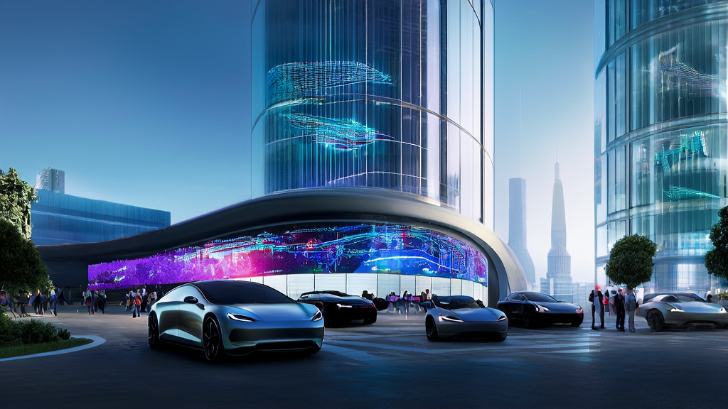 A futuristic city with a smart building and Tesla cars showcasing how AI-powered personalized marketing boosts conversion rates