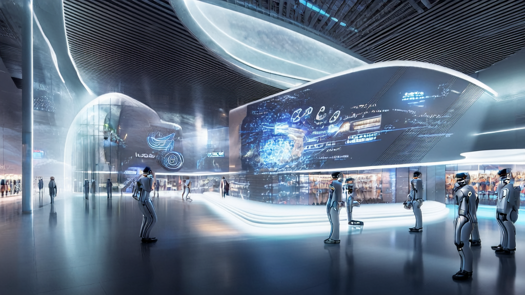 A high-tech marketing center in a futuristic city with AI-powered robots guiding customers through personalized shopping experiences