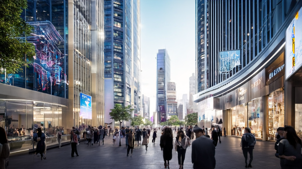 A futuristic city scene featuring AI marketing, including virtual try-on and customer data cleaning services