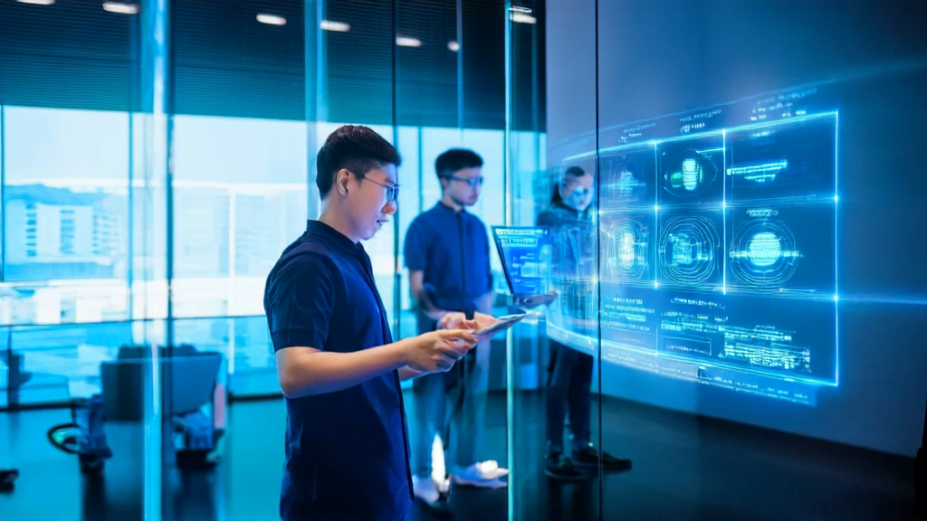 A modern office scene showcasing WeChat Work 5.0's intelligent search and summary features, along with an AI assistant providing personalized recommendations