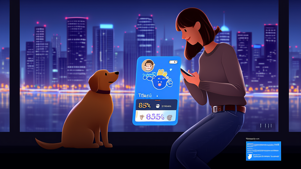 Scene of AI pet translation software Traini being used in a city night setting with Twitter data stream displayed on the right