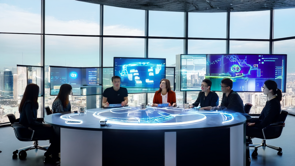 A modern office scene showcasing the application of AI technology in marketing, including data charts and smart devices