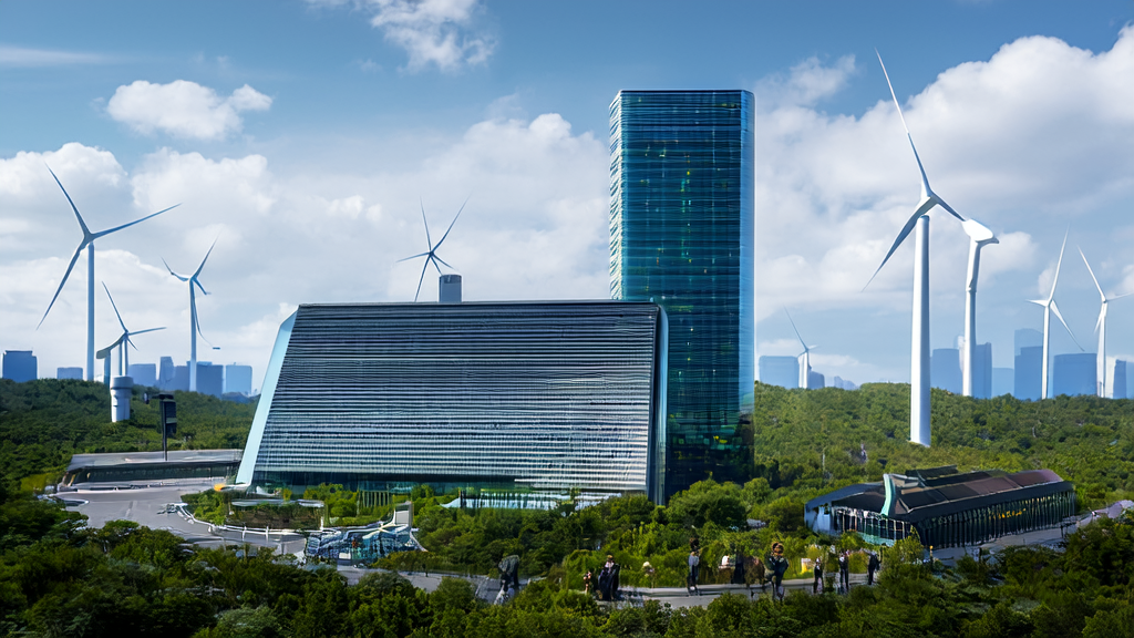 A futuristic city's high-tech data center contrasted with environmental protesters
