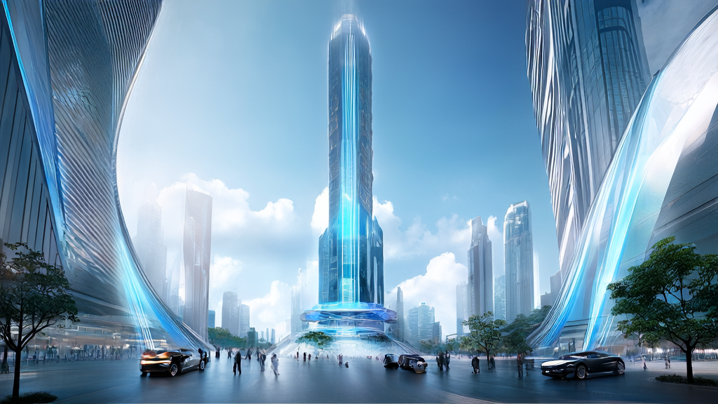 未来城市中的AI营销场景，智能控制塔和个性化广告牌展示