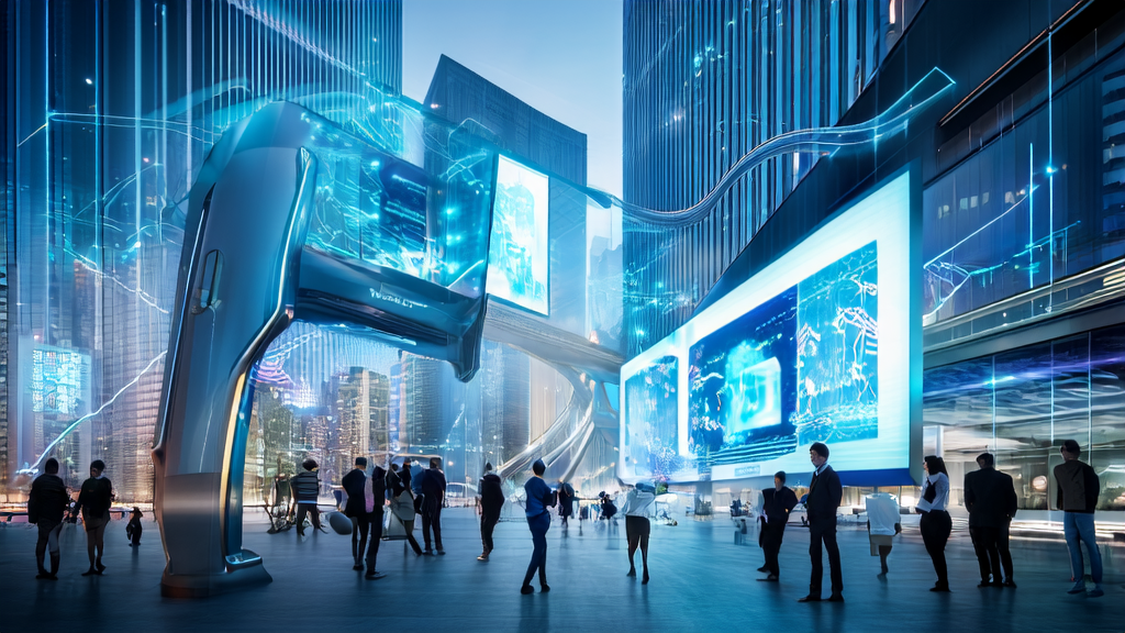 Le Chat AI assistant interacting with marketers in a futuristic city, showcasing the power of AI-driven content marketing