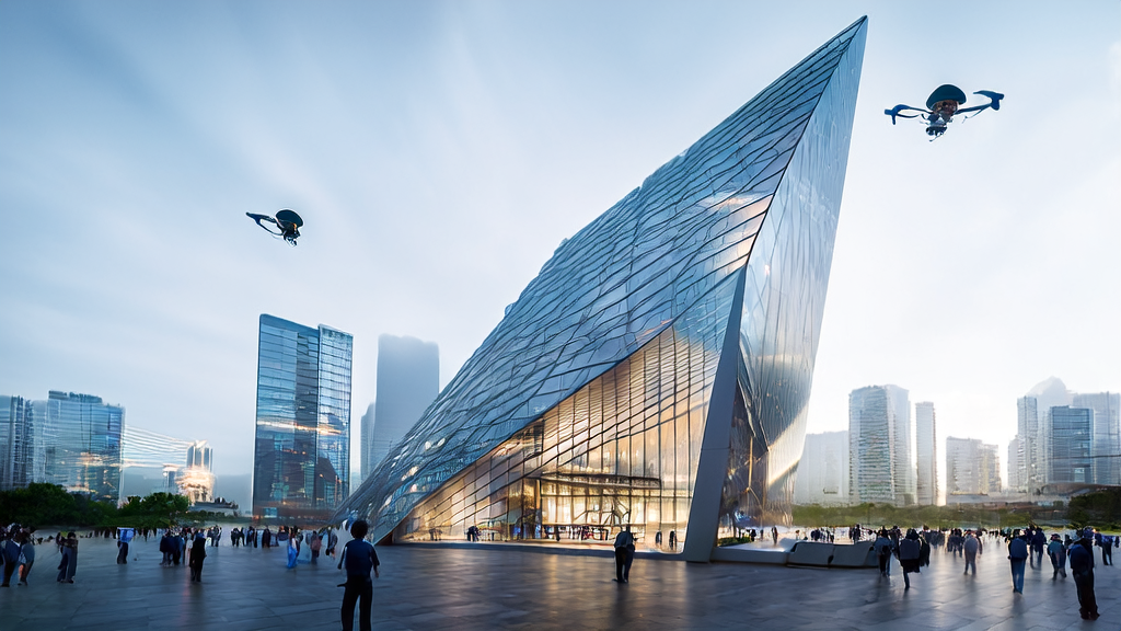 A futuristic city scene showcasing AI marketing with drones, a transparent glass building, and people interacting with virtual assistants