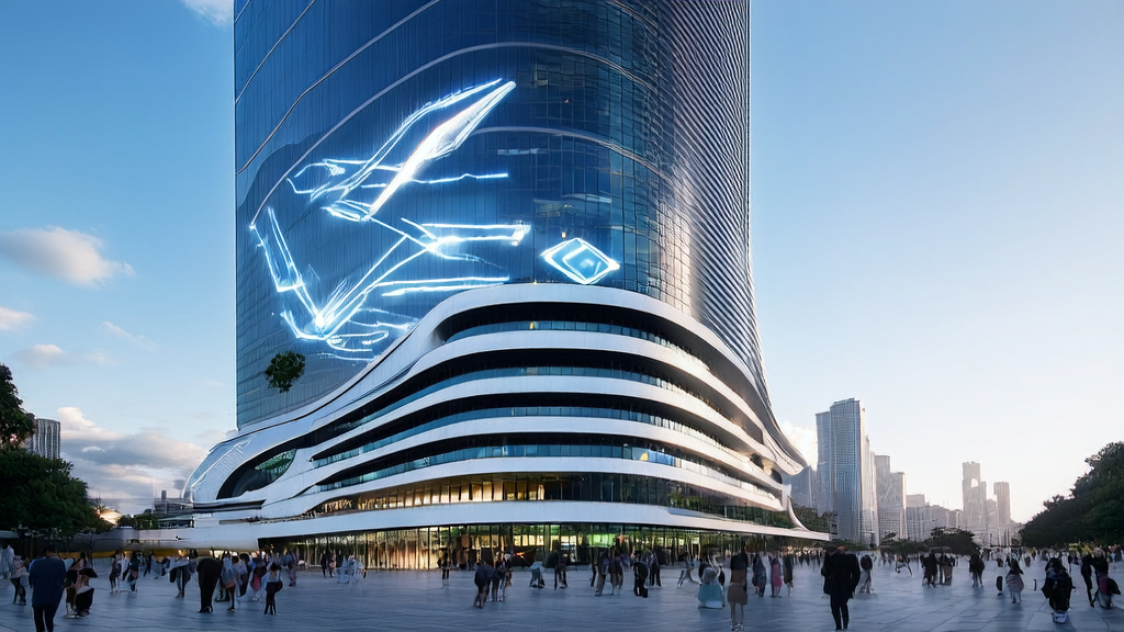 未来城市的现代化办公楼前，人们与虚拟助手互动，庆祝硅基流动用户数突破600万