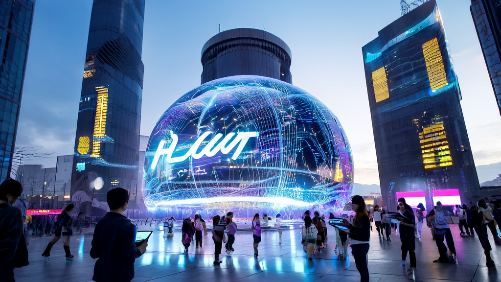 A futuristic financial plaza showcasing MuleRun's AI-powered financial Agent for personalized investment advice