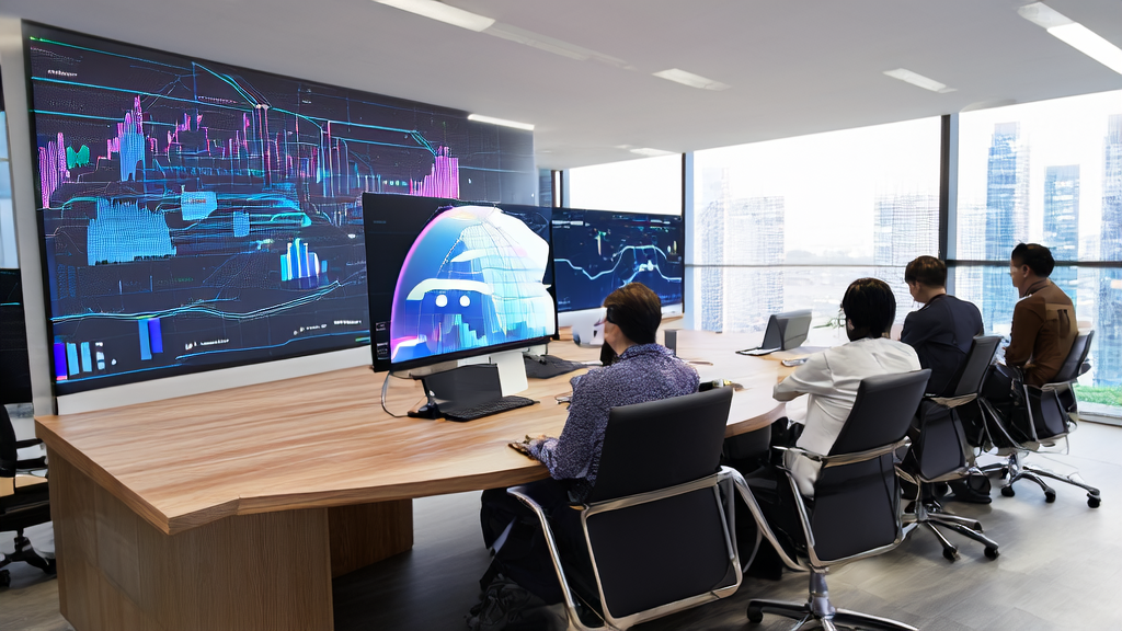 员工们正在使用AI预测模型筛选优质客户，提高营销转化率，背景是现代化的办公环境和智能机器人助手。