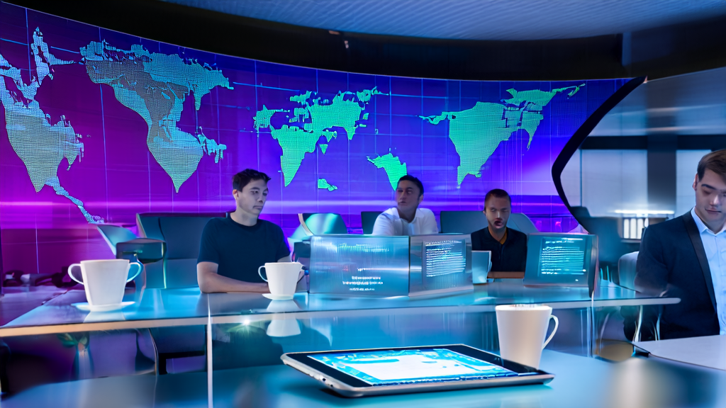 In a modern office filled with technology, analysts are using AI prediction models and the WordPecker tool to discuss customer screening and marketing strategies.