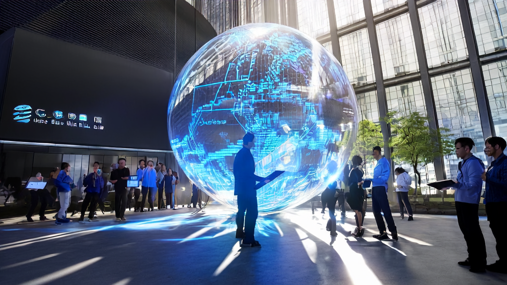 在未来城市中，营销人员使用AI预测模型筛选优质客户，背景是腾讯混元Hunyuan-A13B模型API的展示