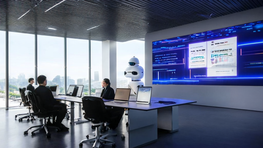 未来感办公室内展示AI+营销技术，包括Quora客户采集和QwenChat Web Dev功能