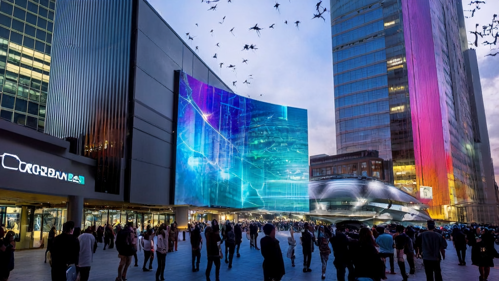 People in a futuristic city interacting with AI technology for marketing and entertainment