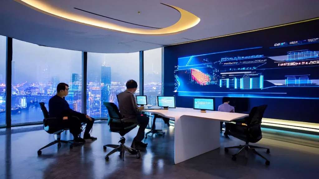 未来感办公室内，营销专家们使用Qwen3-Coder进行高效客户获取