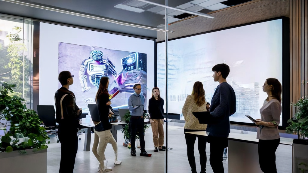 An AI marketing team discussing the naturally aesthetic images generated by the FLUX.1-Krea model to enhance customer acquisition efficiency.