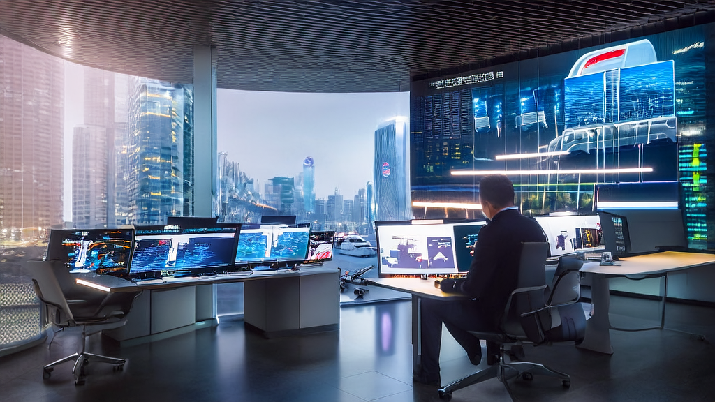 In a modern office of a future city, a data analyst uses AI tools to analyze Quora client data, with a bustling cityscape outside the window.