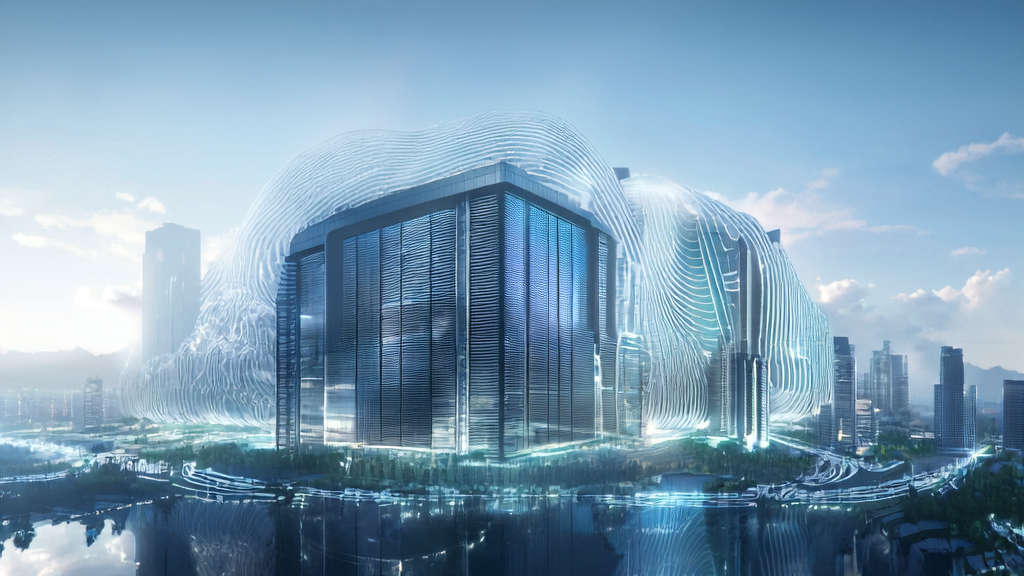 A futuristic city's data center with robots processing data streams, symbolizing efficient customer data cleaning services in AI marketing.