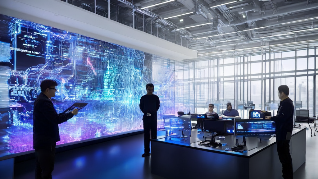 A futuristic office showcasing the application of AI marketing technology