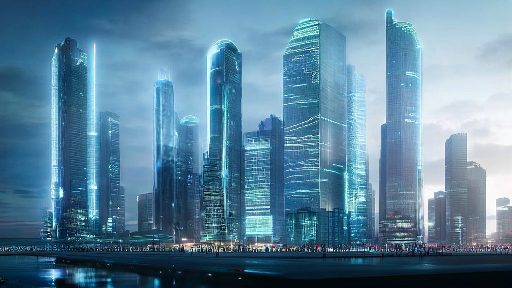 未来城市的AI营销场景，展示了人形机器人与人类共存，并通过智能数据分析实现精准营销