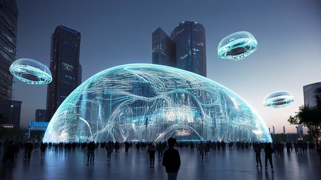 Hologram display of AI time travel in a futuristic city