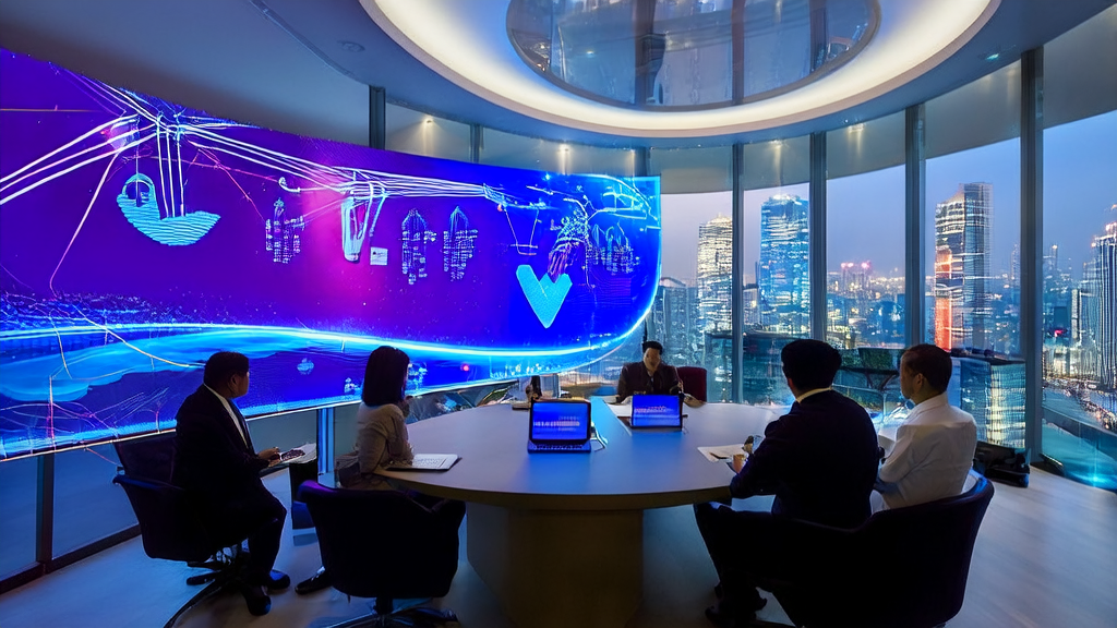 现代化办公室中展示蚂蚁集团医疗AI平台的运作流程，工程师们讨论AI营销策略