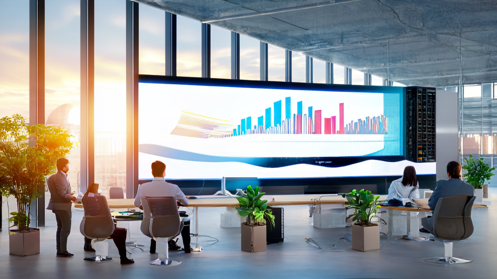 Modern office scene with employees discussing AI marketing solutions, showcasing powerful computational support and smart screens