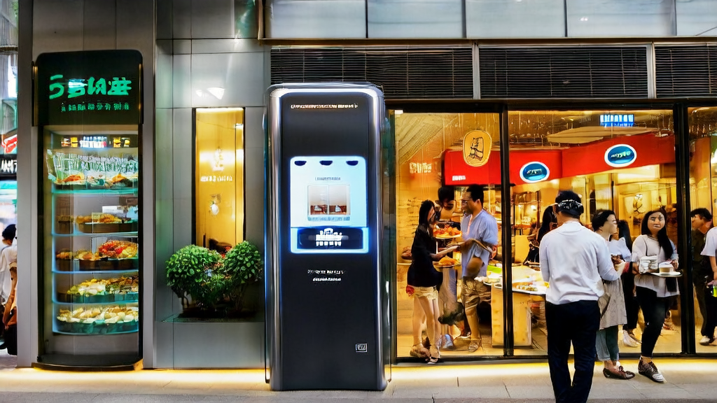 An intelligent food recommendation terminal on a bustling Southeast Asian street, showcasing how AI technology is transforming customer acquisition in the catering industry.