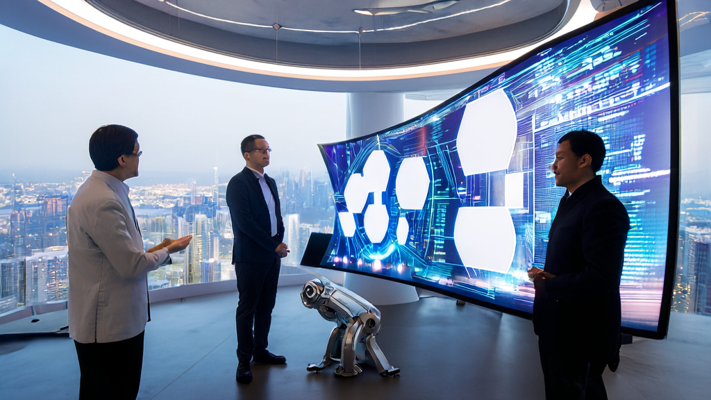 Office workers discussing AI-optimized email marketing strategies in a futuristic office
