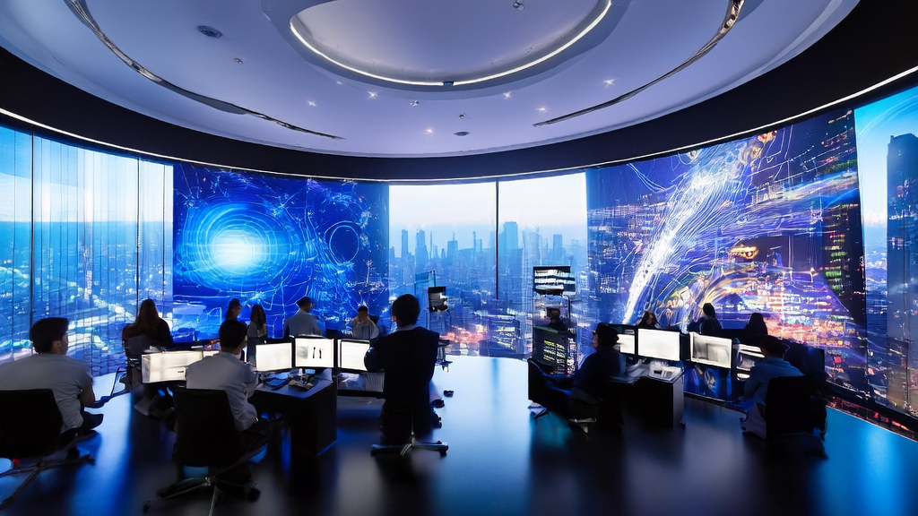 A futuristic marketing company in a city, where the team is discussing how to optimize acquisition strategies and customer data processing using AI