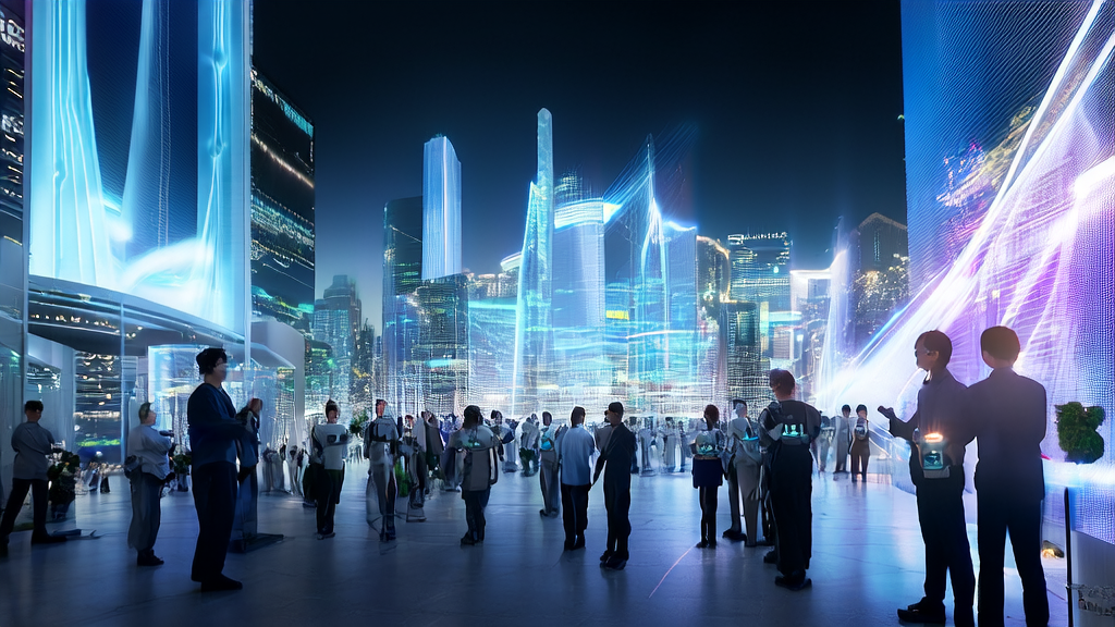 A futuristic city street where a tech company unveils the world's first open-source large-scale AI model, revolutionizing personalized marketing.