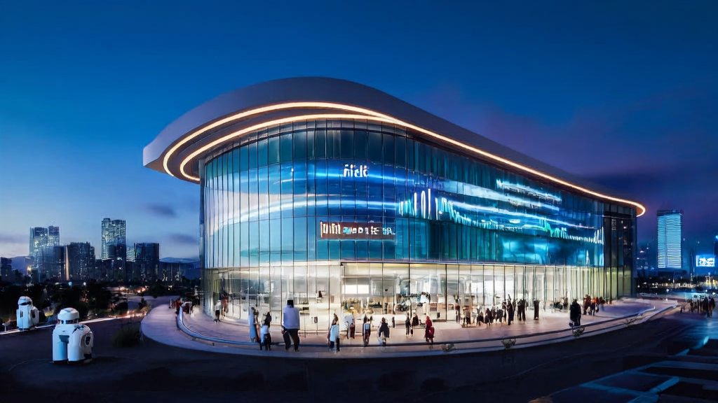 AI Marketing Center in a futuristic city, showcasing the latest Doudou 1.6 and Seedance 1.0 technologies